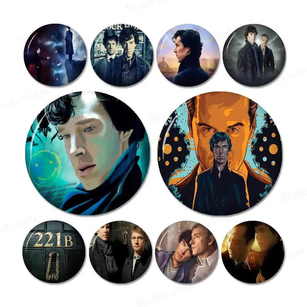 S-Sherlocks 221B Round Button Pins Slogan Creative Brooches Backpack Clothes Decoration Fashion Cartoon Jewelry Gifts