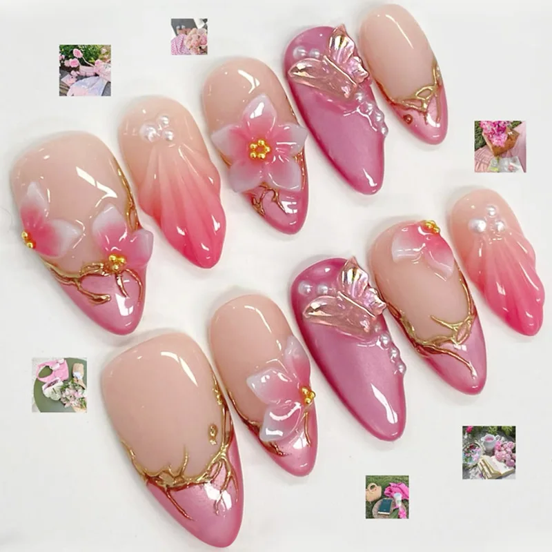 24Pcs Almond Gilded Silver French Press on Nails Wine Red Cat's Eye Wearable False Nails with 3D Flower Design Finger Nail Tips