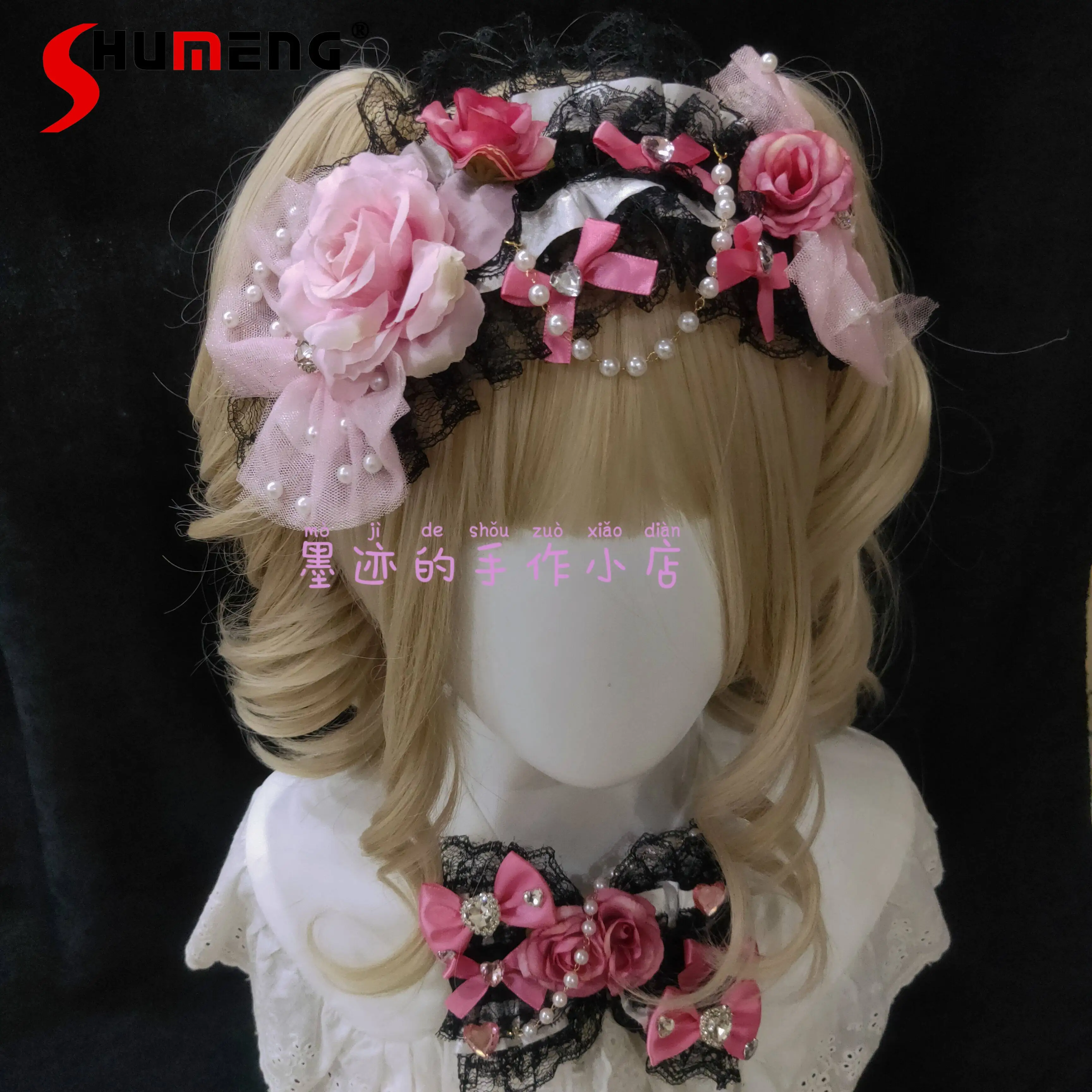 

Sweet Girls Lolita Pink Hairpin Original Japanese Handmade Cute Bow Three-dimensional Rose Pearl Chain Headband Hair Accessories