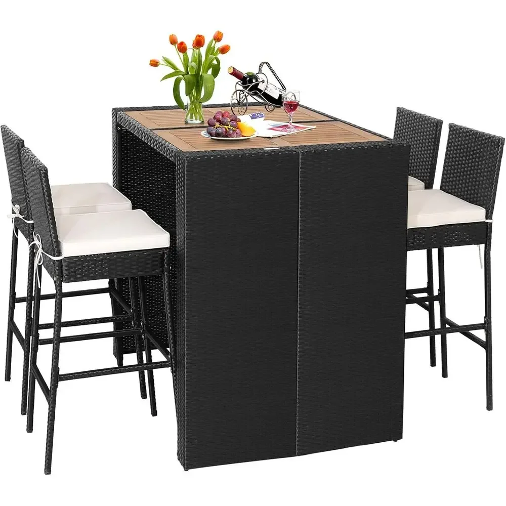 

Rattan Outdoor Bar Set: 5-Piece with Cushioned Stools, Ideal for Patio, Poolside, or Backyard Dining
