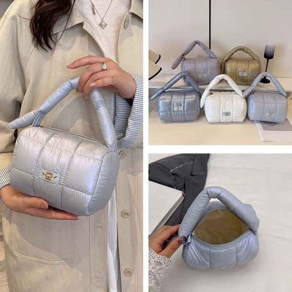 Quilted Cloud Pleatd Grid Bag Nylon Lightweight Puffy Tote Pouch Three-dimensional Large Capacity Grid Puffer Handbag Bathroom