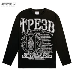Oversized Men T-Shirt Streetwear Sober Graphic Print Autumn Hip Hop Korean Long Sleeve Y2k Tops Tees Cotton Unisex Clothing Goth