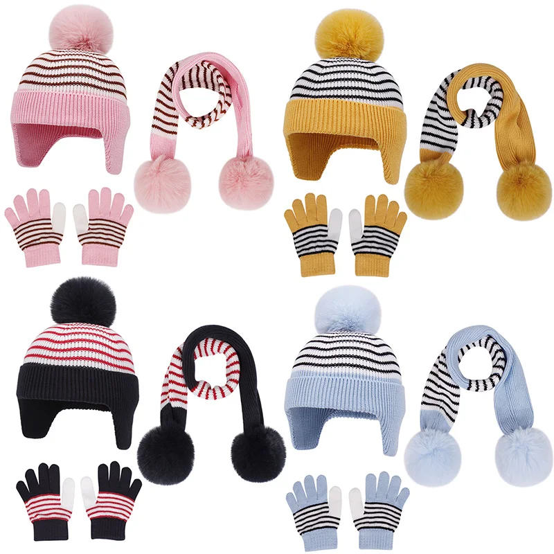 

3Pcs/set Winter Baby Hat Scarf Gloves Three-Piece Set Striped Knitted Hats for Boys Girls Warm Ear Protection Beanie Accessories