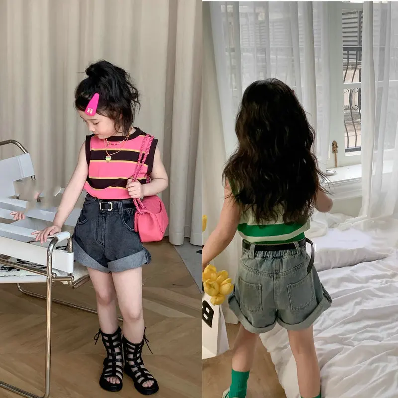 Boys and Girls Pants Cuffed Hem Button Jeans Shorts25Summer New Foreign Trade Children's Wear3-8Birthday gift belt