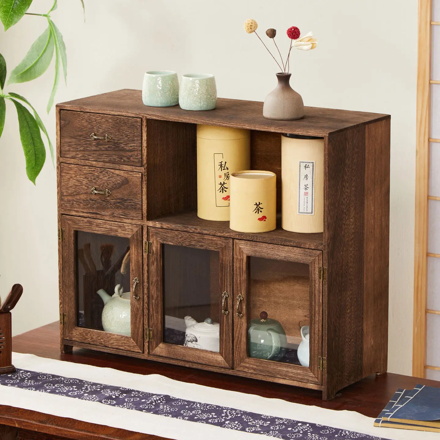 

Desktop Bogu Rack Tea Set Storage Cabinet Teacup Storage Rack Countertop Shelf Dust-proof Teapot Cosmetics Display Cabinet