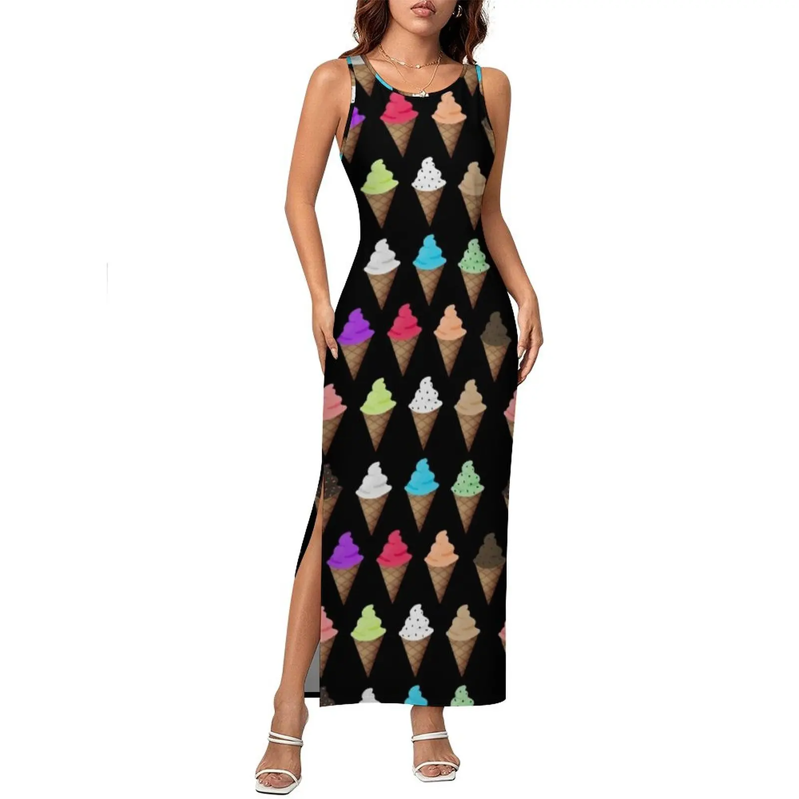 Women Bodycon Dress Elegant Ice Cream Flavors Maxi Dresses Summer Waffle Cone Sleeveless Y2K Fashion Design Dress Big Size 4XL