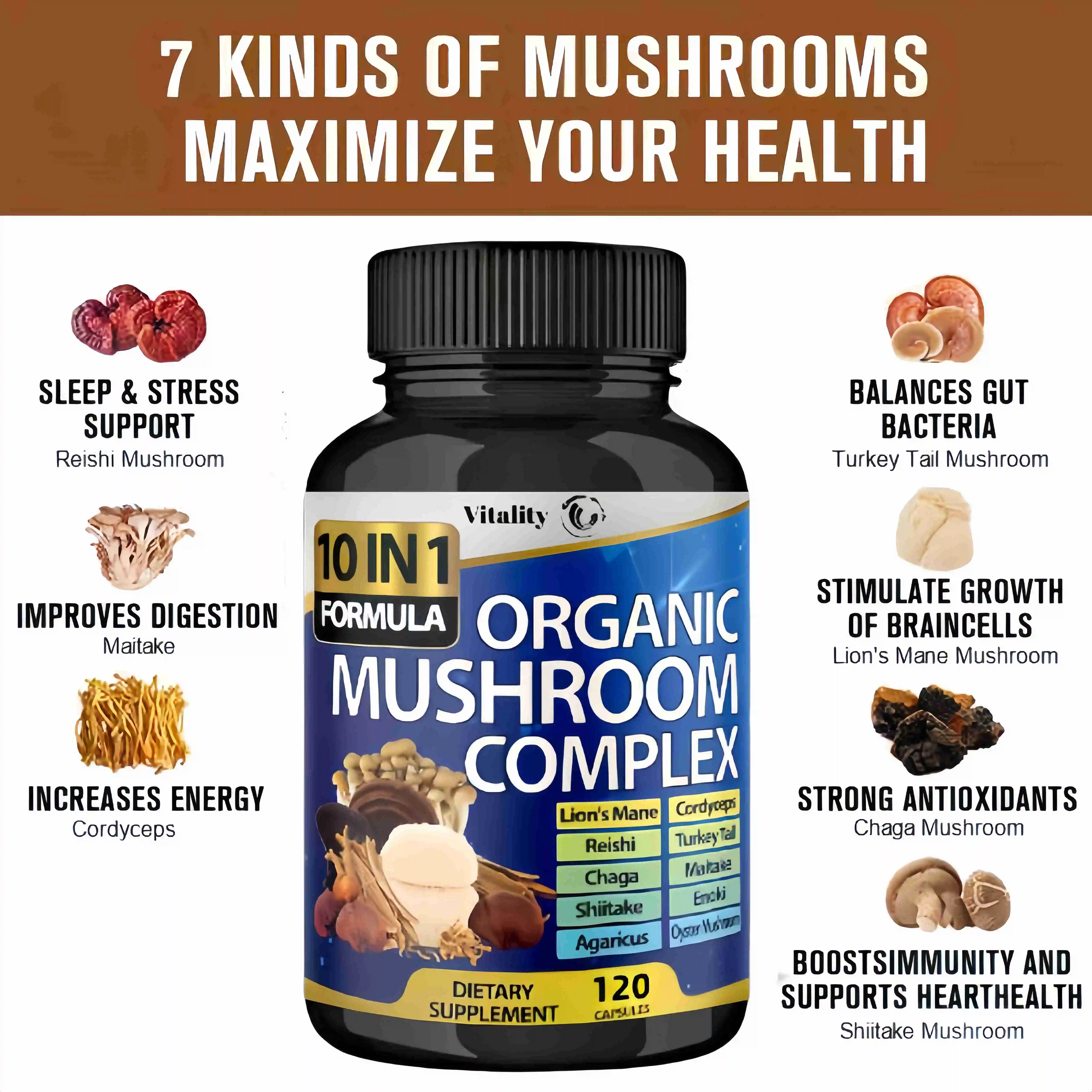 10 in 1 high-strength mushroom supplement 9700 milligrams - Lion mane Cordyceps sinensis Ganoderma lucidum - Focused brain