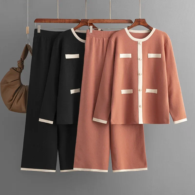 

Chic Knitted Top and Wide-Legged Pants Suit, Slimming Two Piece Sets Women's Outifits for Autumn and Winter