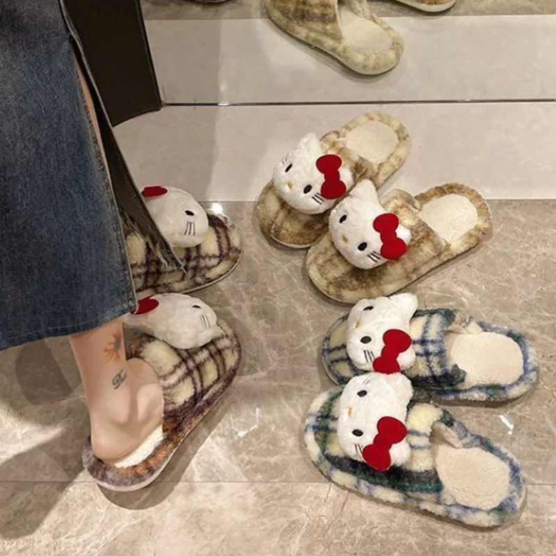 Pantofole in cotone Sanrio Hello Kitty cartone animato da donna carino inverno caldo scarpe di peluche scarpe in cotone Kawaii antiscivolo pantofole da casa regalo