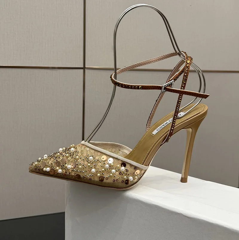 

2026 women's mesh high-heeled shoes - pearl and sequin decorations rhinestone ankle with pointed sandals fashionable party shoes