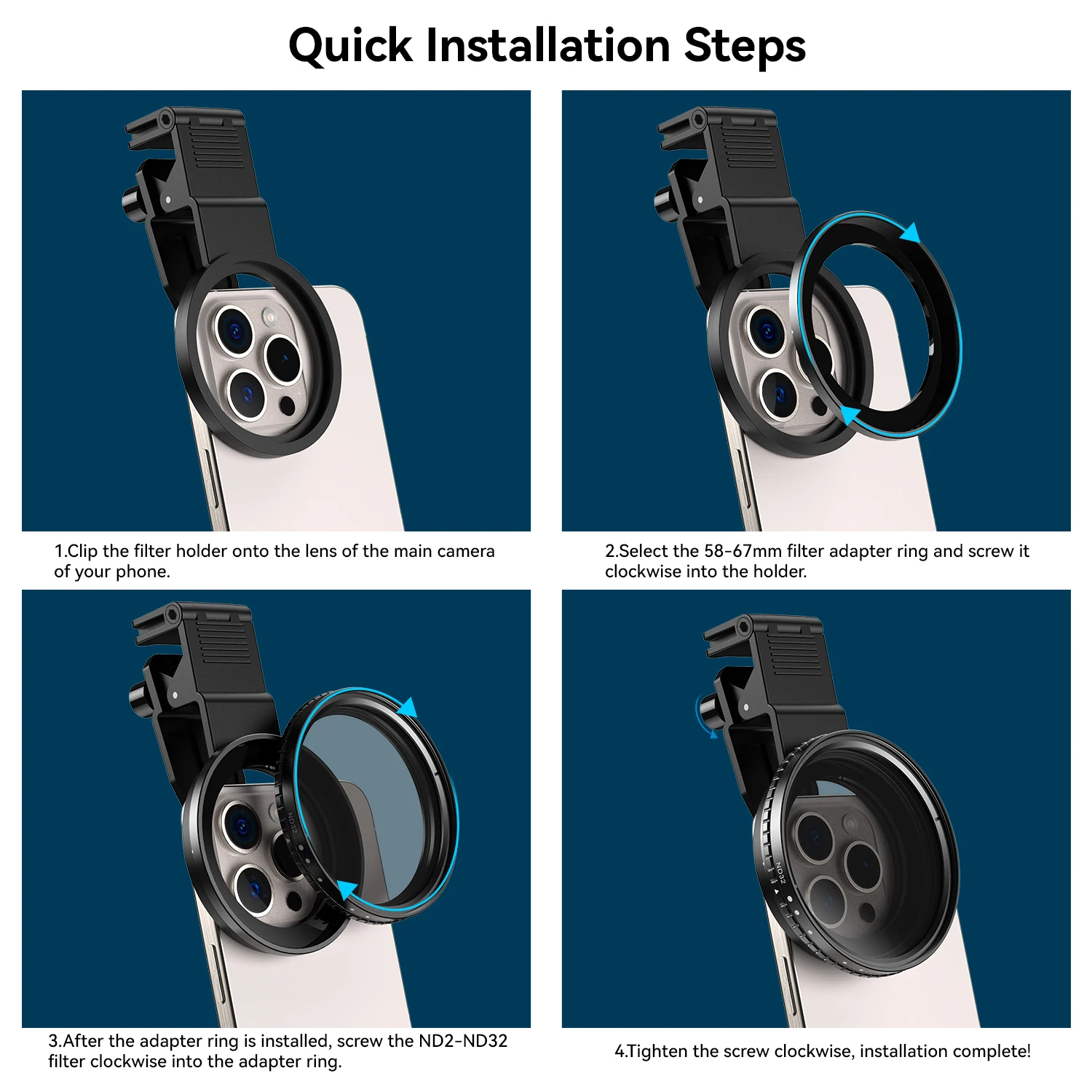 ฟิลเตอร์โพลาไรซ์ CPL สำหรับโทรศัพท์ขนาด 67 มม./ฟิลเตอร์ ND 32/ฟิลเตอร์ ND 400 พร้อมคลิปอเนกประสงค์สำหรับกล้อง DSLR นิคอน ไอโฟน ซัมซุง และโทรศัพท์ทุกรุ่น