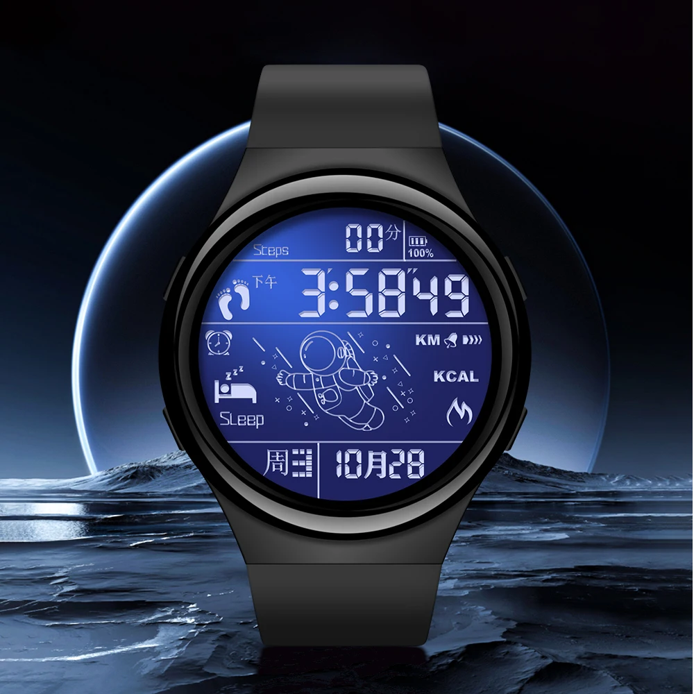 Fashionable electronic watch with soft TPU strap, large round dial, LED digital waterproof alarm clock, sports men's watch