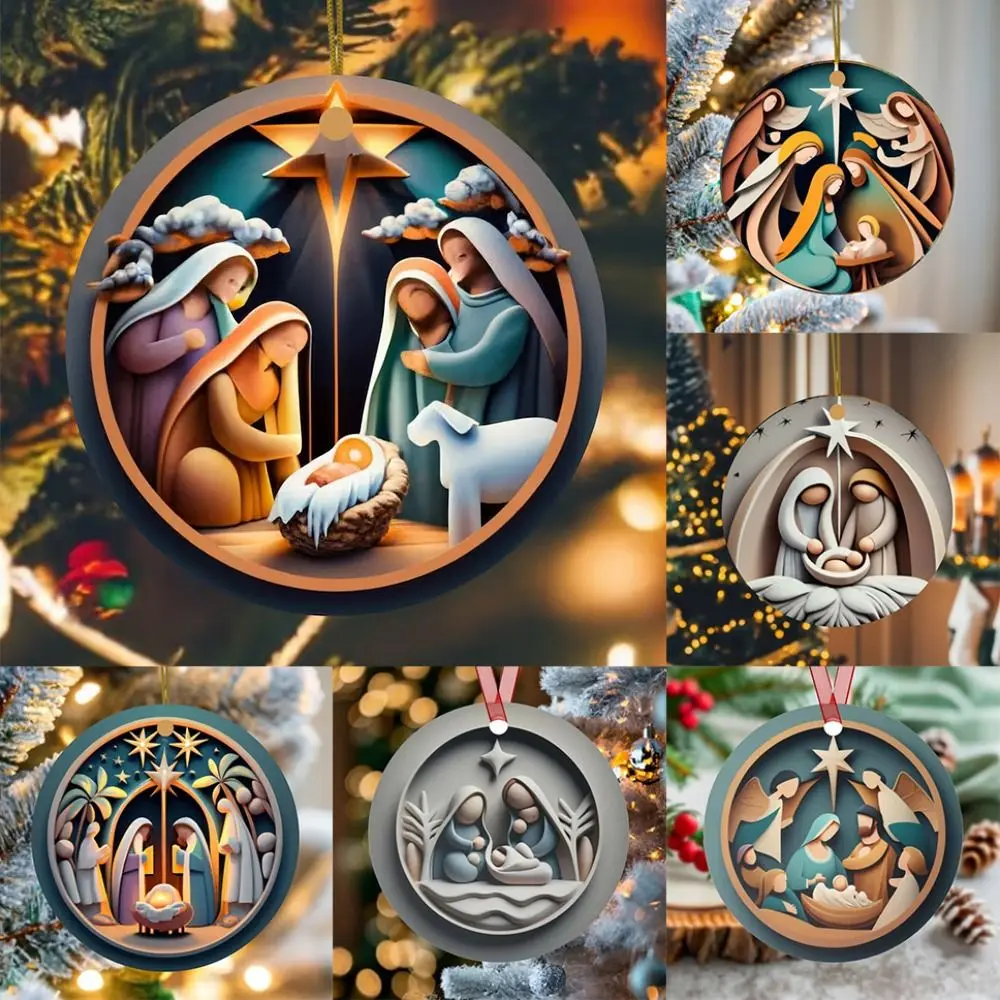 Acrylic Painted Nativity Christmas Pendant Ornaments Xmas Prayer Pendant Christmas Tree Ornaments Round Hanging Decoration