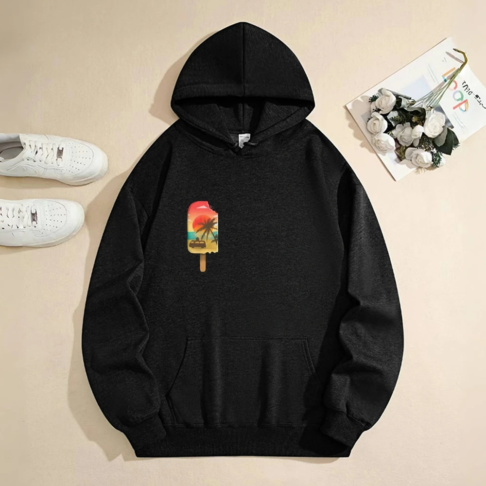 비치 팝 후드 소프트 블랙 소재 레트로 아이스 팝 선셋 프린트 캐주얼 루즈 긴팔 여름 바이브스 편안한 탑