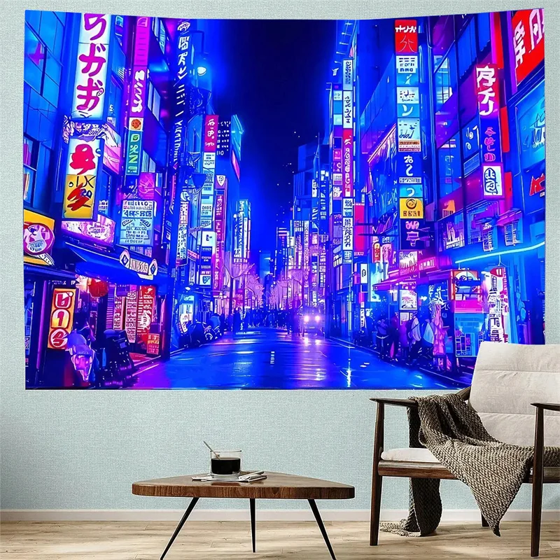 Tokyo Street UV Reactive Tapestry Japan Urban Night View Tapestry Wall Hanging Hippie Bedroom Aesthetic Living Room Home Decor