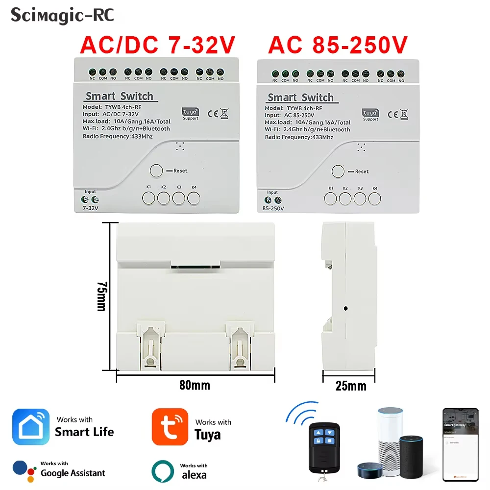 

4CH Tuya Wifi Smart Relay 4-канальный беспроводной коммутационный модуль 7-32 В 85-250 В 220 В 110 В 2200 Вт RF433 10A 4-полосный ресивер для Alexa