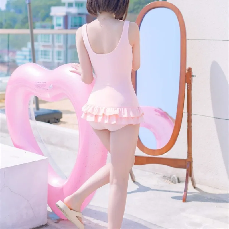 Lolita Strawberry Ruffle One Piece Swimming Suit for Women Swimsuit Students School Swimwear Girl Cute Anime Cosplay Bodysuit