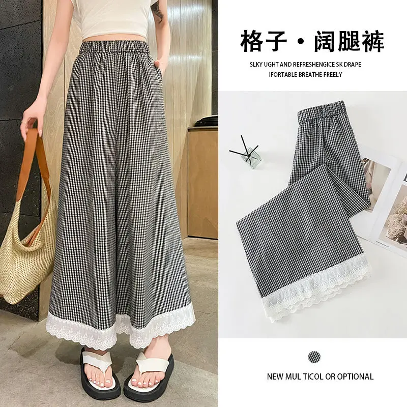 Gonna pantaloni a gamba larga con bordi in pizzo a quadretti in seta ghiacciata per donna, culotte estiva sottile e drappeggiata a gamba dritta corta taglie forti