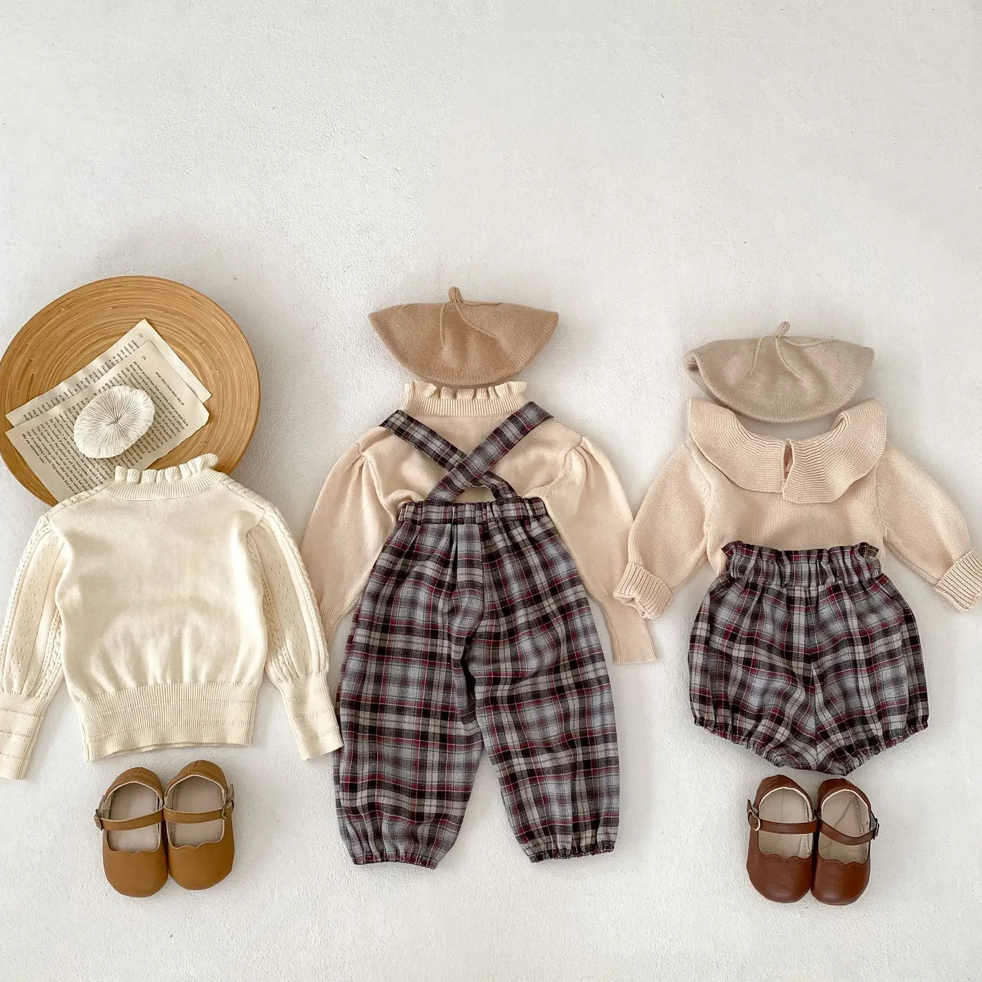 Autumn Girl Baby Plaid Overalls Kid Casual Shorts Boy Children Knitted Solid Fashion Sweater Newborn Cotton Lotus Collar Tops