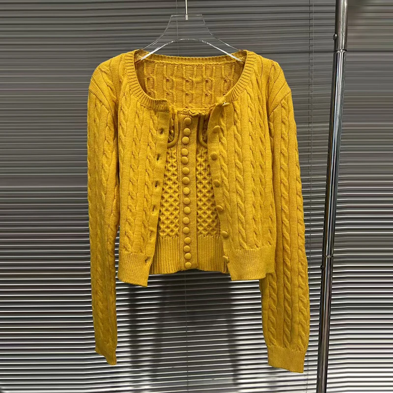 KBQ الصلبة قطعتين مجموعات للنساء ساحة طوق سترة دون أكمام جولة الرقبة طويلة الأكمام معاطف تقسم زر الحياكة مجموعة الإناث