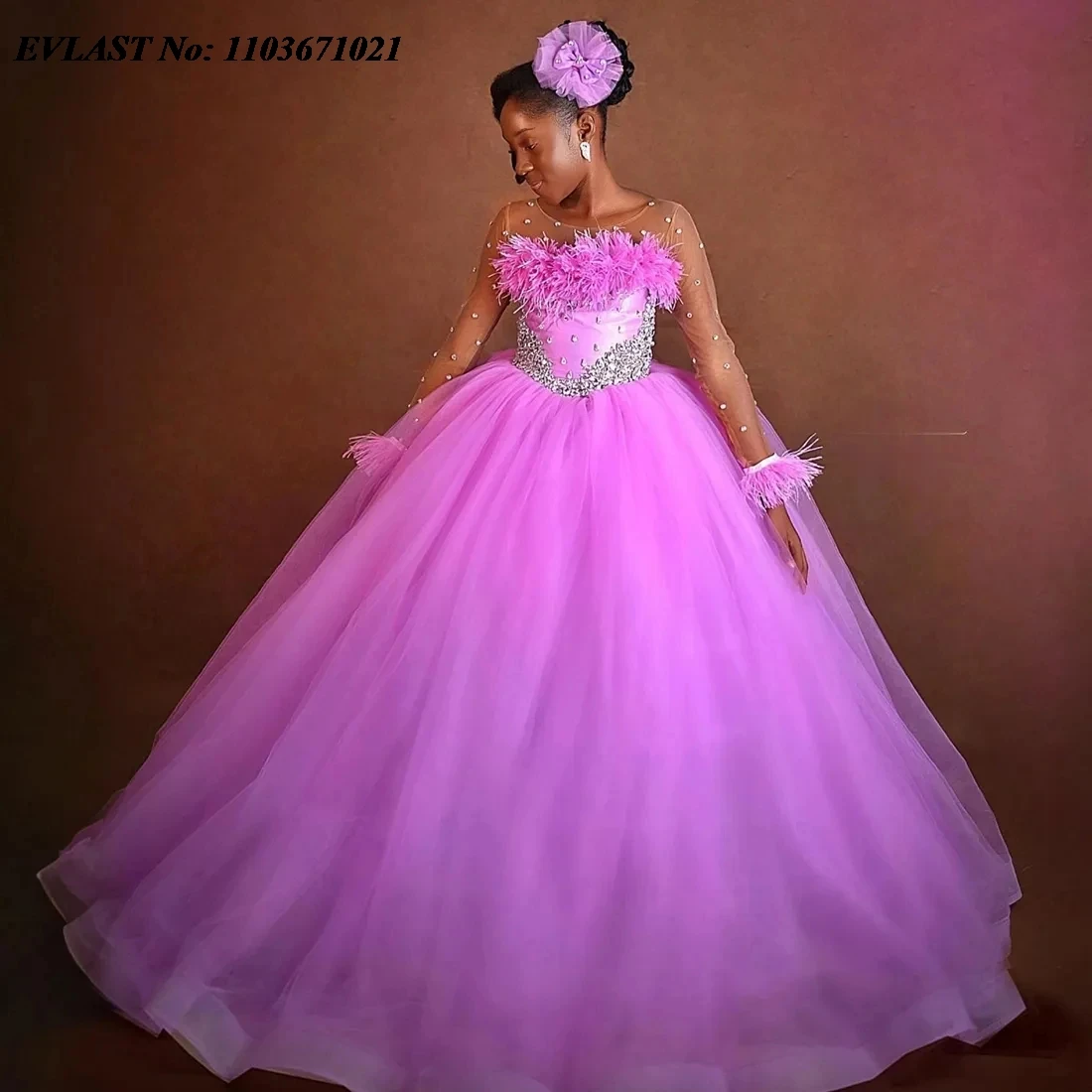 EVLAST Customized Pink Flower Girl Dress Ball Gown Beading Girl Pageant Gowns Long Sleeve Communion Girls Party Dress FD09