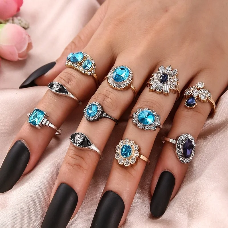 New Bohemian Hollow Carved Crystal Ring Set Flower Sunflower Moon Sun Vintage Water Drop Ring Fashion Jewelry for Women Gifts