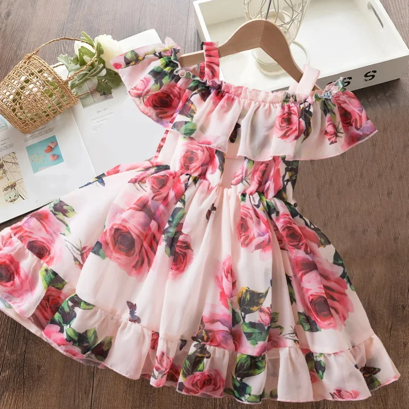 Girls Casual Dresses Fashion Chiffon Summer Off-shoulder Short Sleeve Flowy Floral Print Plain Sundress for Children Clothing