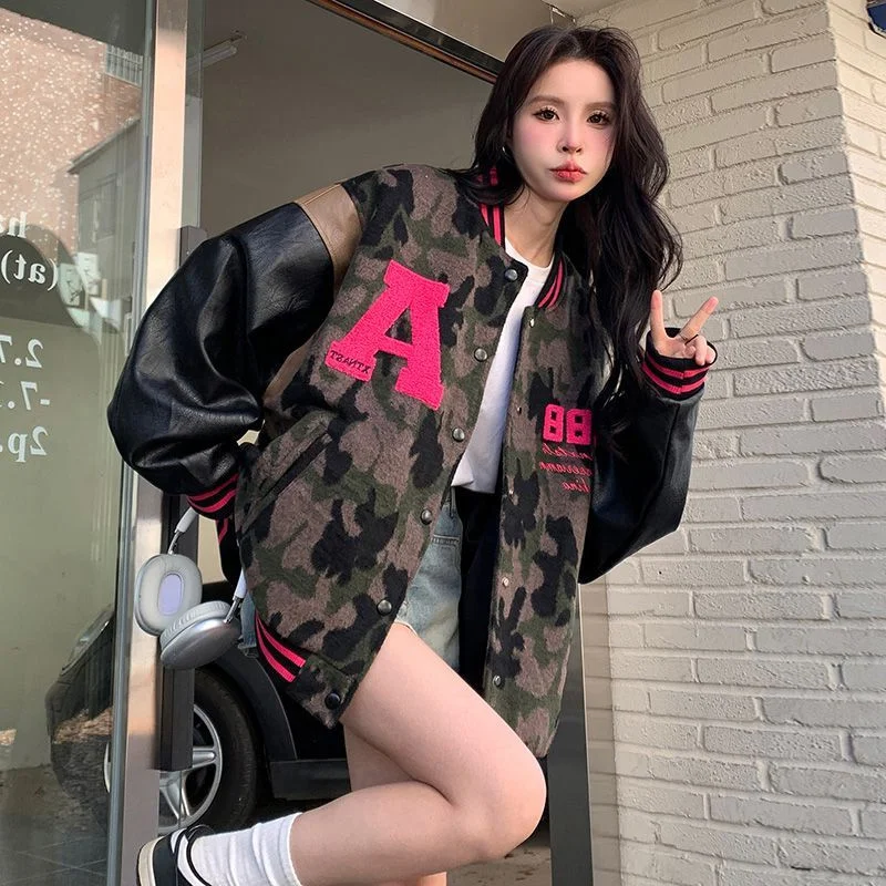 

plus Size Women's Casual Baseball Jaet Loose Fit American Retro Camouflage Outerwear Heavy Du 300 Pou Faionable Hara...