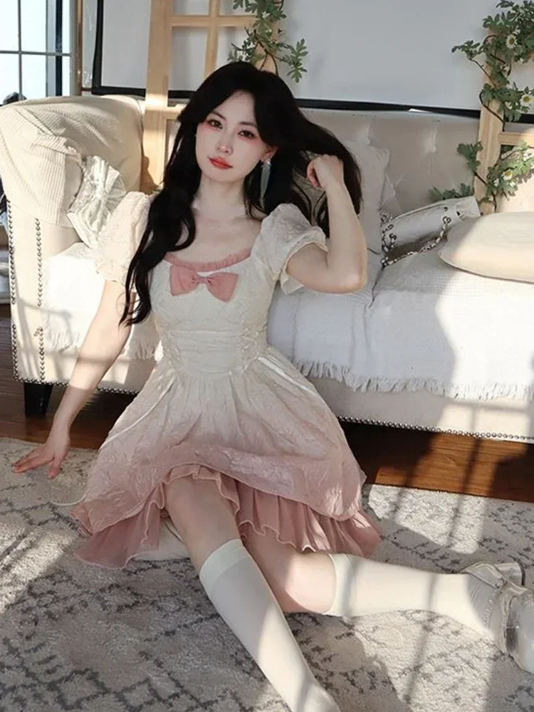 Mini vestido rosa de Lolita para mujer, vestido bonito de fiesta de princesa con lazo rosa, vestido de hada elegante de corte a, gran oferta de primavera 2025