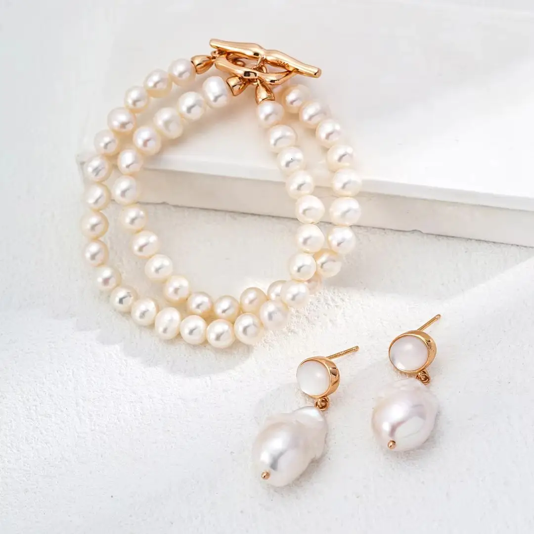 VOBIPY 925 Sterling Silver Natural Freshwater Pearl Bracelet Personality Pearl Double Bracelet Women\'s Party Wedding  Jewelry