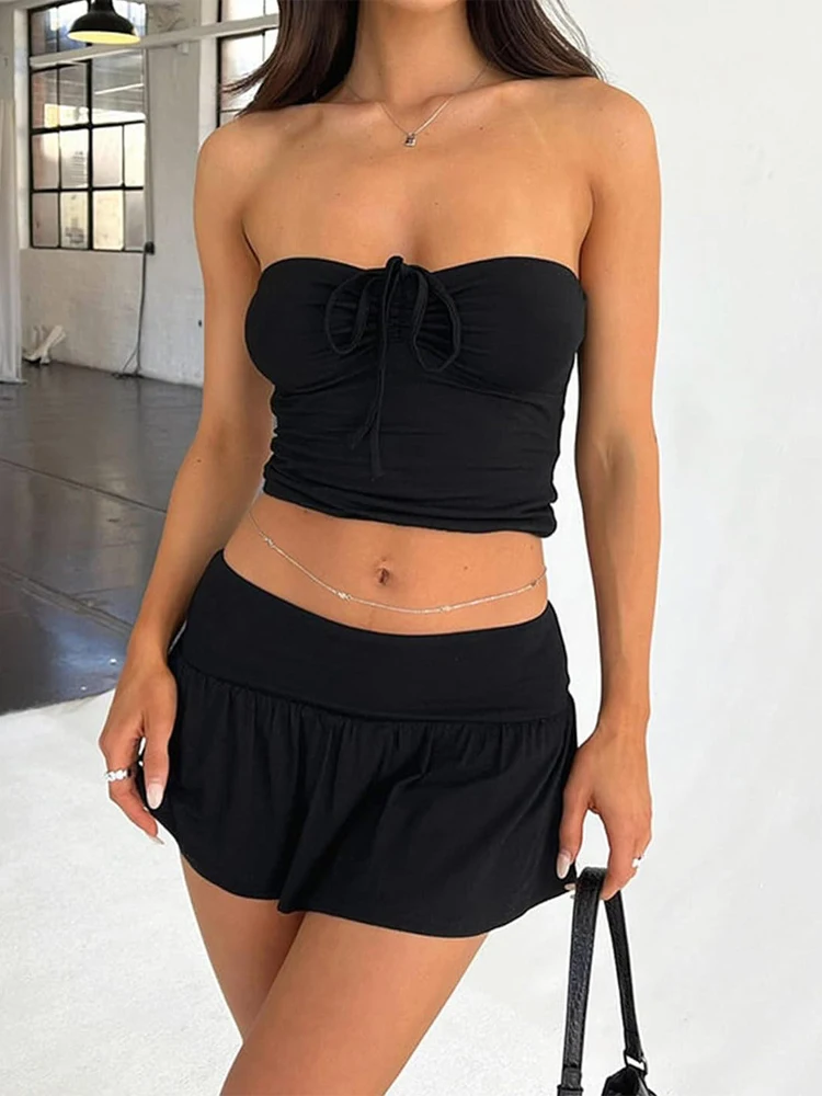 

Women Sexy Trendy A-line Bustier Top Skort Set Waist-cinching Solid Color Tank Slim Fit 2026 Vacation Summer Holiday Outfits