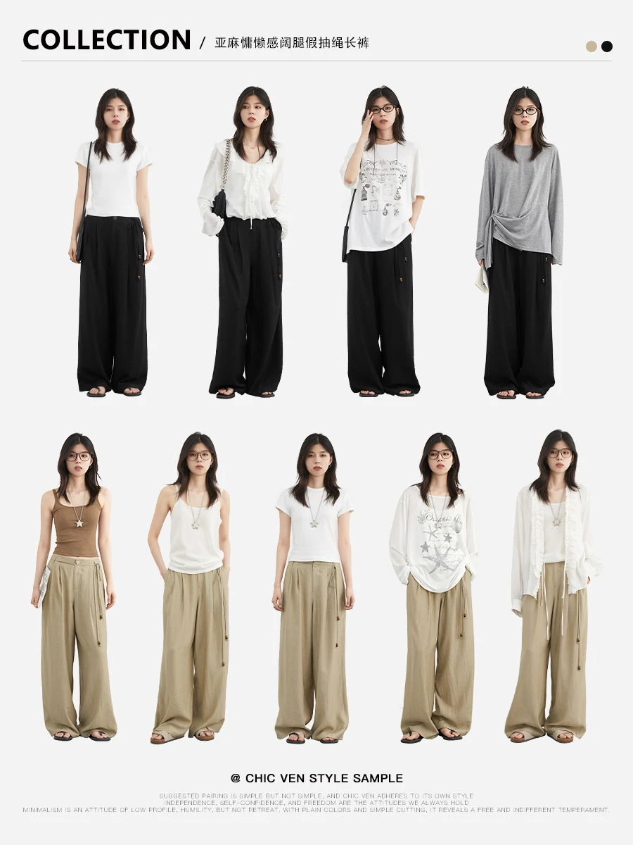 CHIC VEN Women Pants Fashion Loose Wide Leg Lace Up Pleated Casual Linen Trousers Female Clothing Spring Autumn New 2025