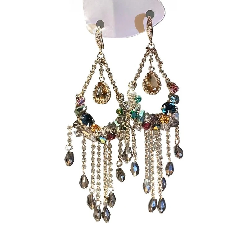 

Colorful crystal fringed earrings, European and American retro temperament high-end earrings