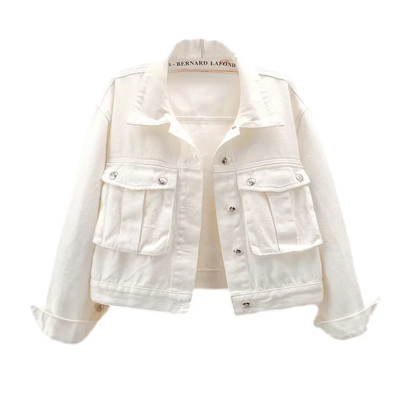 

Fashion Beige Big Pocket Denim Jacket Spring Autumn Women Loose Short Student Cowboy Outerwear Casual Jeans Jacket Coat Female