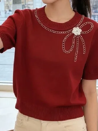 

Summer New Style Women's Knitted Short Sleeve round Neck Top Knot Pearl Decoration Casual Slim Fit Casual Fashion