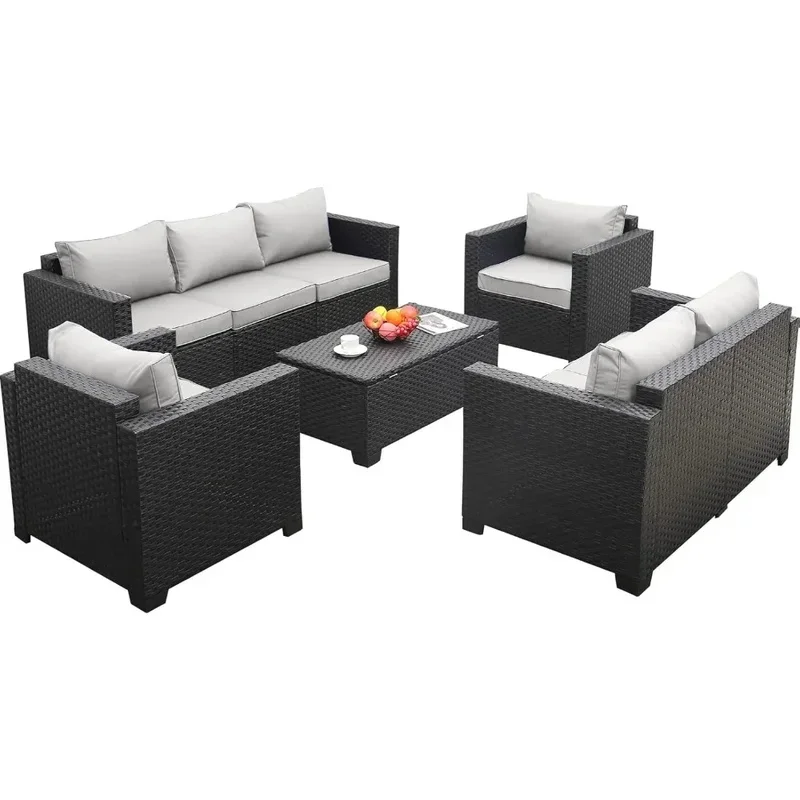 Outdoor Wicker Sectional Sofa Set with Storage Table and Non-Slip Cushions, Weather-Resistant Covers Included