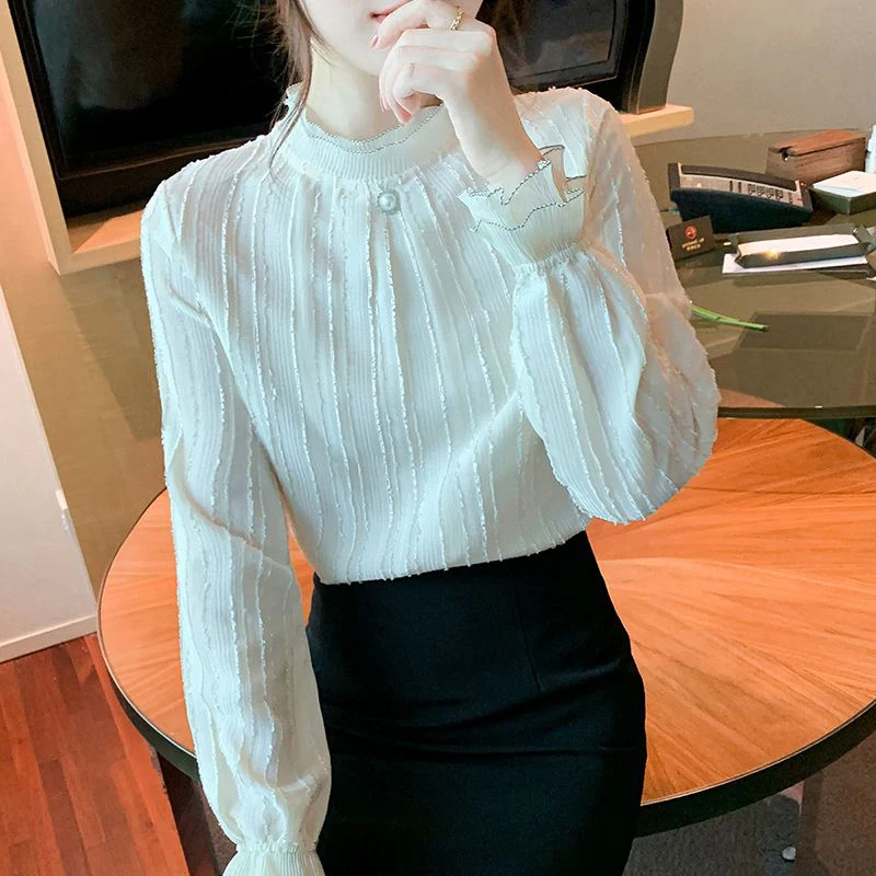 Spring Autumn Temperament Stand Collar Long Sleeve Lace Shirt Femme Elegant Fashion Pullover Top Women Korean Style White Blouse