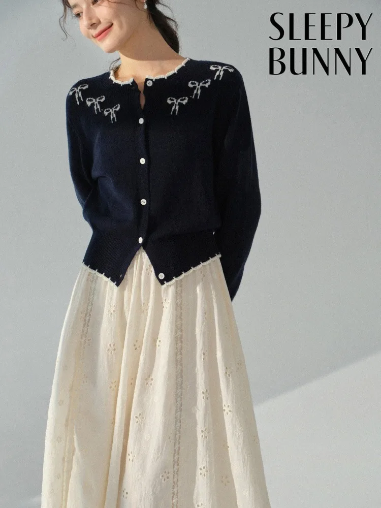 

Женский шерстяной кардиган с контрастным бантом, укороченный свитер с круглым вырезом, приталенный, весенняя верхняя одежда, милый повседневный стиль для модных дам