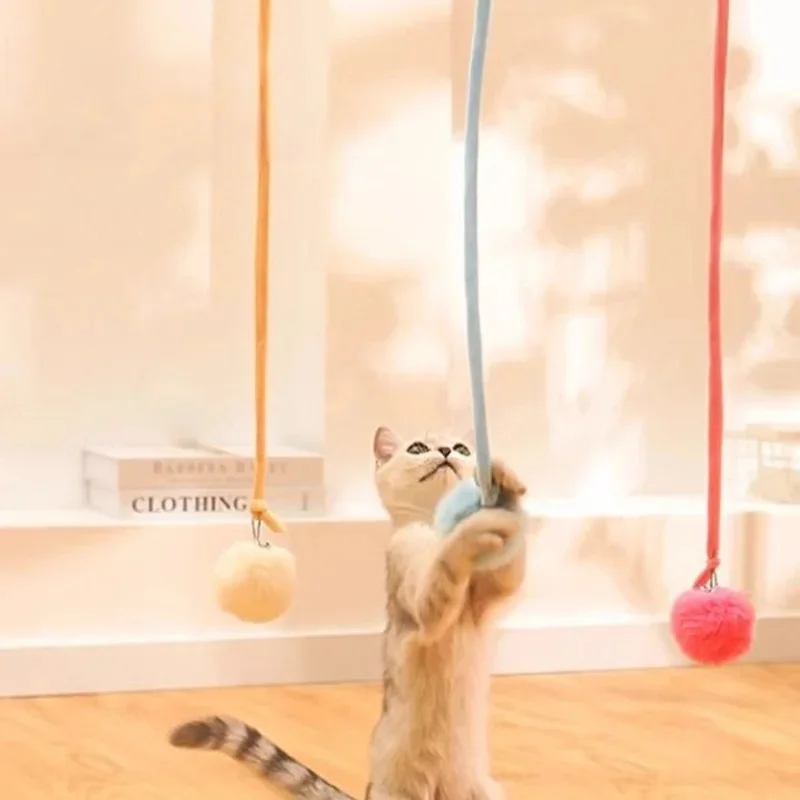 Hanging Suction Cup Cat Toy Elastic Spring Bunny Fur Ball Interactive Teaser for Indoor Cats