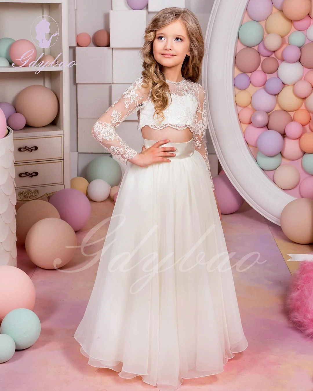 Lace Tulle Flower Girl Dress For Wedding Full Sleeves O-neck 2PC Set Kids Birthday First Communion Princess Baby Ball Gowns