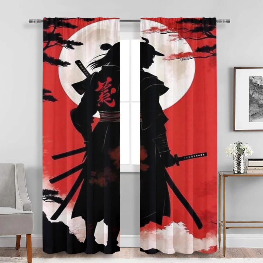 2PCS Digital Print Curtains, Samurai Warrior Silhouette Red Moon Cherry Blossom, Japanese Anime for Living Room Bedroom Decor