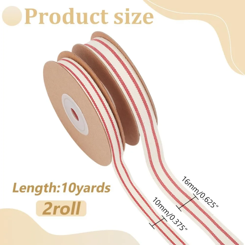 2 Rolls 2 Styles Cotton Striped Ribbons for Clothing Decoration Red 3/8~5/8 inch(10~16mm) 10 yards/roll 1 roll/style