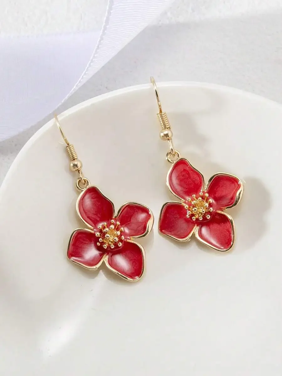 

Red Enamel Flower Drop Earrings For Women Fashion Jewelry