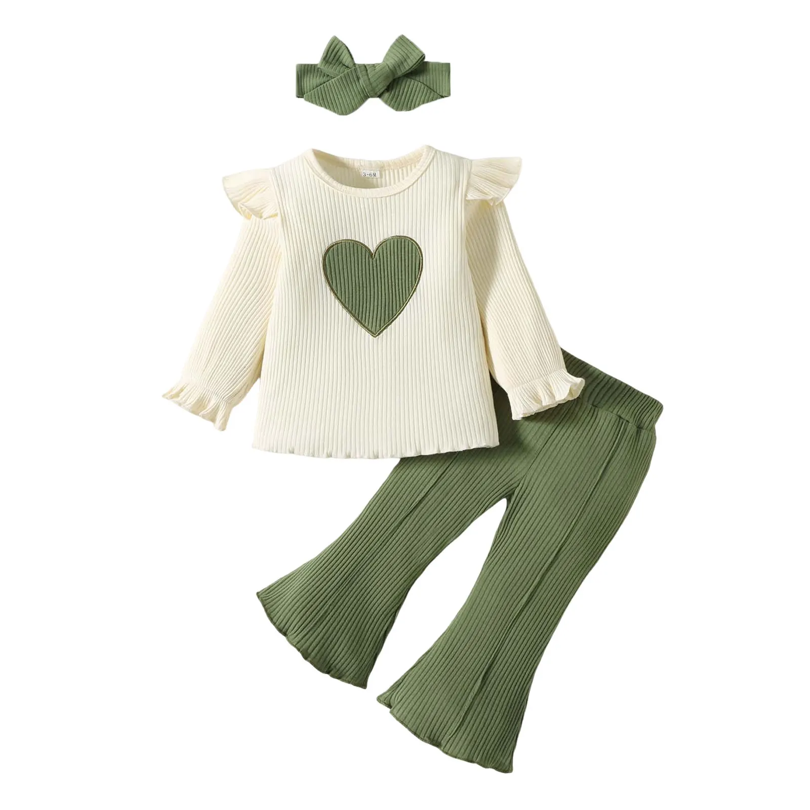 

Toddler Girl Set Baby Girls Set Fashion Sweet Heart Print Long Sleeved Top Bell Bottoms Hairband Casual Cute Sweatshirt Crop Top