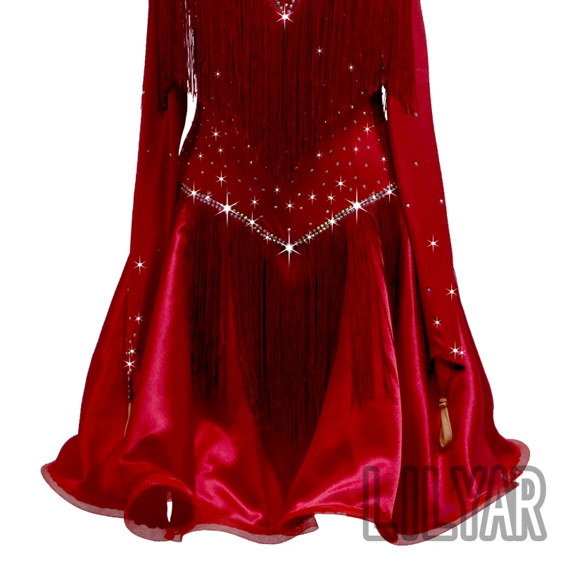 New Latin Dance Competition Performance Dress Adult Wine Red Off Shoulder Fringe Dance Dress