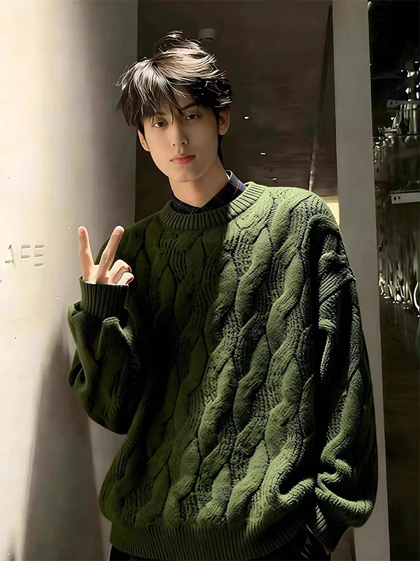 

Свободный мужской круглый вязаный свитер Ne, винтажный зимний базовый слой Lazy Sle с закрученным цветочным дизайном, полиэфирное волокно