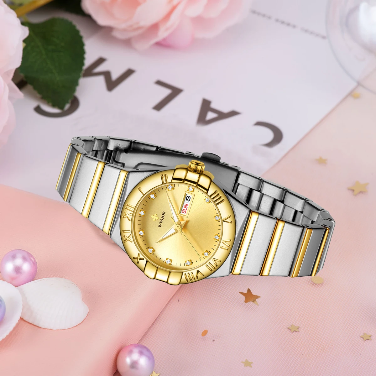 WWOOR Gold Ladies Watches Stainless Steel Luxury Women's Bracelet Watches Week Date Female Quartz Clock Waterproof Montre Femme