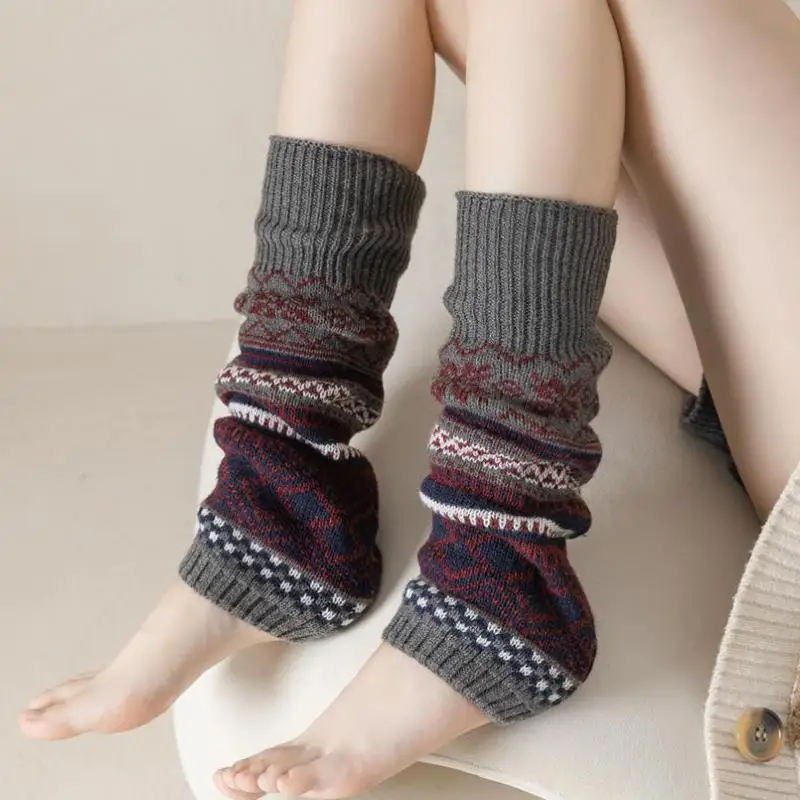 Autumn Winter Warm Socks Pile Socks Korea Knitted Leg Protector Foot Cover Geometric Contrast Calf Socks European Women\'s Socks