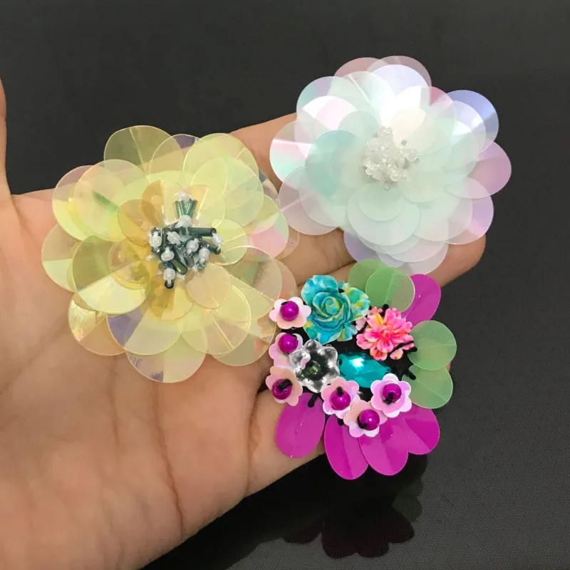 New 10Pcs/Lot Handmade Sequins Beads Flower Applique Hair Clip,Bags,Brooch,Clothes Sew on,Glue on DIY Patches