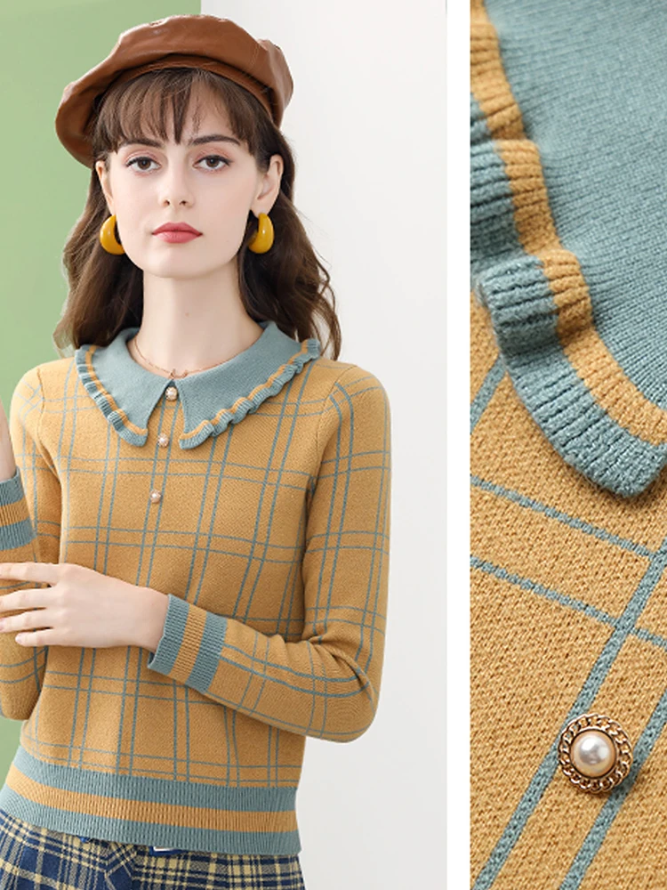 EVNISI Women Yellow Plaid Knitted Blouse Peter Pan Collar Casual Long Sleeve Tops Winter Knitwear Pullover Streetwear 2022